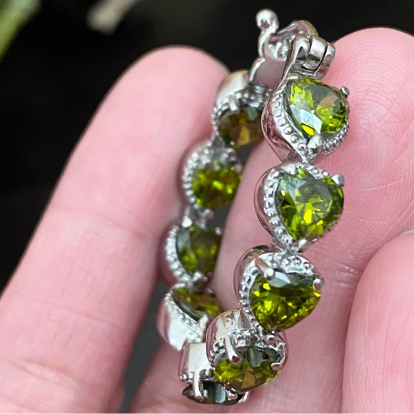Stainless Steel Simulated Diamond Avocado Green Peridot Inside Out Hoop Earrings - Picture 11 of 15